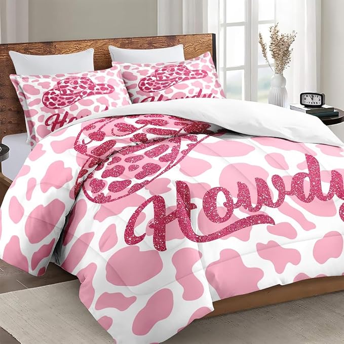 Full Size Comforter Set with 2 Pillowcases, Western Cowboy Cow 3 Pcs Bedding for Kids and Adults, Pink Cowgirl Leopard Print Soft Comforter Set for Bedroom Bed Decor