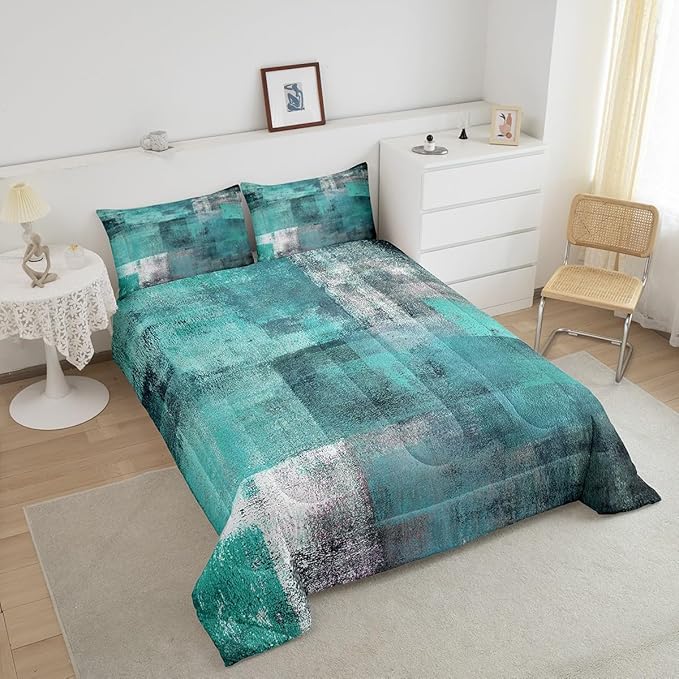Erosebridal Teal Comforter Set for Kids Boys Girls,Mid Century Bedding Set King,Oil Painting Bedding Comforter Sets,Watercolor Ombre Abstract Art Duvet Insert with 2 Pillowcases Bedroom Decor