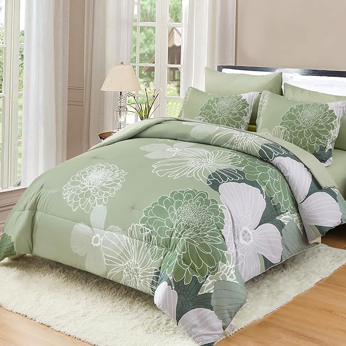 Yiran Bed in a Bag Green Comforter 7 Pieces Floral Bedding Set Soft Microfiber King Comforter Sets with 1 Comforter 1 Flat Sheet 1 Fitted Sheet 2 Pillowshams and 2 Pillowcases