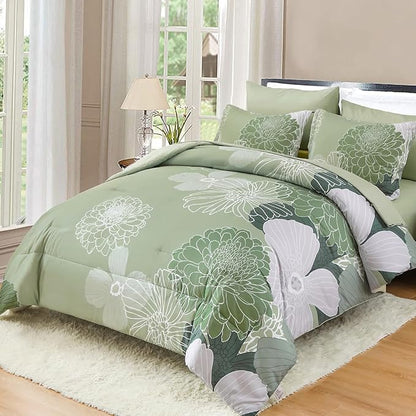 Yiran Bed in a Bag Green Comforter 7 Pieces Floral Bedding Set Soft Microfiber King Comforter Sets with 1 Comforter 1 Flat Sheet 1 Fitted Sheet 2 Pillowshams and 2 Pillowcases