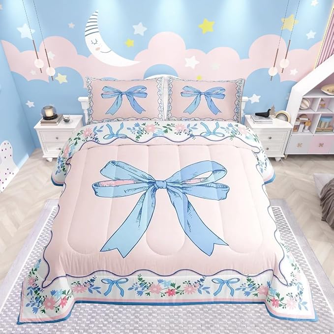 Feelyou Bow Kids Comforter Set Twin Size Floral Bedding Set Pink Blue Duvet Quilt for Kids Boys Girls Bedroom Cute Bowknot Decor Kawaii Microfiber Ultra Soft Breathable