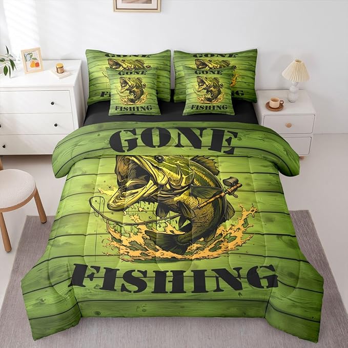 Erosebridal Big Pike Fish Hunting Green King 7-Piece Comforter Set | Wooden Print Underwater Sheets and Pillowcases Underwater Ombre Kids Boys Teens Bed in A Bag Vintage Retro Bed Sets