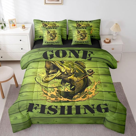 Erosebridal Big Pike Fish Hunting Green King 7-Piece Comforter Set | Wooden Print Underwater Sheets and Pillowcases Underwater Ombre Kids Boys Teens Bed in A Bag Vintage Retro Bed Sets