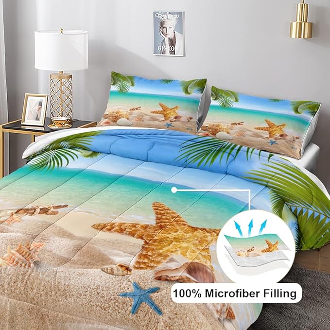 MOVE OVER Beach Themed Bedding Set Queen Blue Ocean Comforter Set Soft and Lightweight Hawaii Scenery Design Seashell Print Bedding Set 4 Pcs Tropical Beach Comforter Set for Bedroom