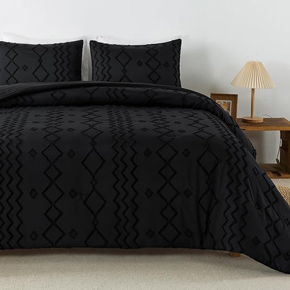 Andency Black Tufted Comforter Set Twin, 2 Pieces - Boho Comforter & Pillowcase, Microfiber Down Alternative, Texture Farmhouse Geometric Pattern