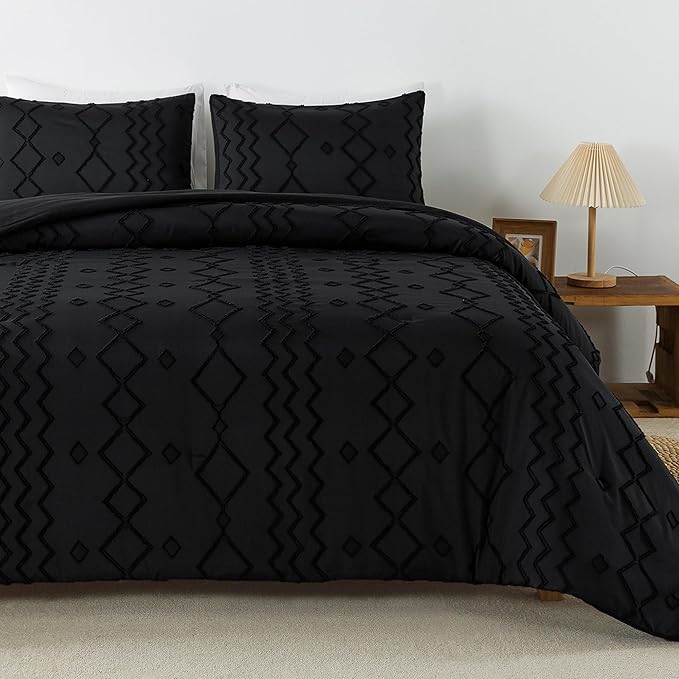 Andency Black Tufted Comforter Set King(104x90Inch), 3 Pieces(1 Tufts Comforter, 2 Pillowcases) Boho Textured Farmhouse Bed Set, Microfiber Down Alternative Geometric Bedding