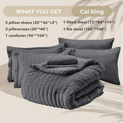 HYMOKEGE California King Comforter Set Seersucker 7 Pieces, All Season Luxury Bed in a Bag for Bedroom, Bedding Set with Comforters, Sheets, Pillowcases & Shams, Dark Grey