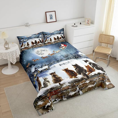 Merry Christmas Bedding Set Full Size,Watercolor Cat Comforter Set 3Pcs for Kids Girls Boys Teens Room Decor,Santa Clause Sleigh Quilt Set Funny Winter Painting Art Duvet Insert,2 Pillowcases