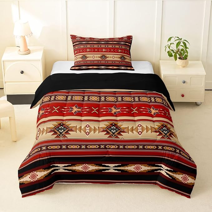 Erosebridal Aztec Bedding Set Ethnic Tribal Arrow Comforter Set,Vintage Southwestern Native Bohemian Quilt Twin,Western Star Duvet Insert Exotic Geometric Diamond Stripes Room Decor,Red and Black