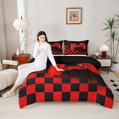 Erosebridal Gamer Bedding Sets for Boys Gaming Comforter Sets Twin Size for Kids Teen Boys Gamer Room Decor Video Game Gamepad Bedding Set with Plaid Check Grid Duvet Insert Soft All Season,Black Red