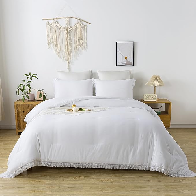 Andency White Comforter Set Queen, 3 Pieces Boho Lightweight Bedding Comforter Sets, All Season Soft Bed Set (90x90In Comforter & 2 Pillowcases)