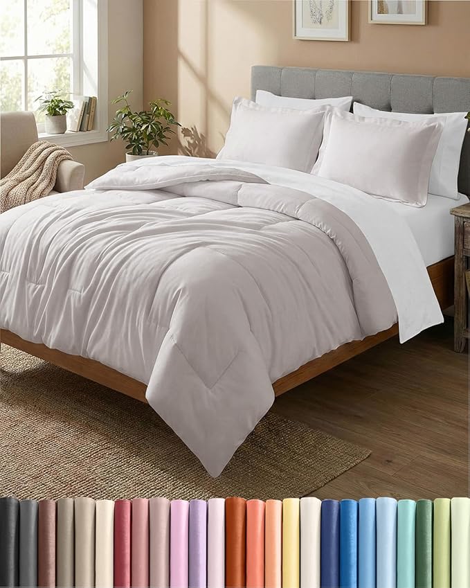 Queen Comforter Set - 3 Piece Bed Set for All Seasons - 1 Soft Quilted Comforter w/ Corner Tabs & 2 Pillow Shams - Comfy & Breathable - Premium Down Duvet Insert - Oeko-TEX - Queen Size, Light Grey
