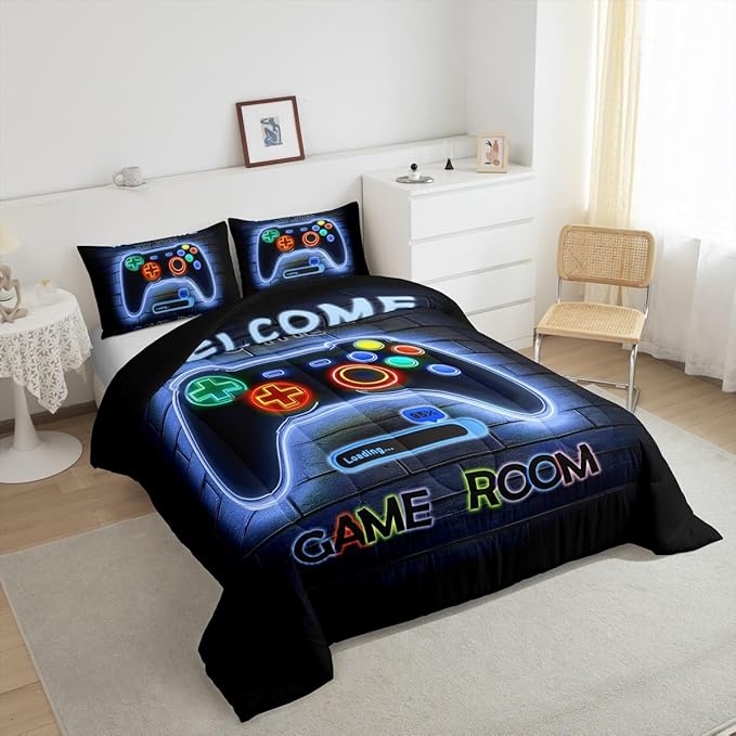 jejeloiu Blue Gamer Gaming Bedding Set King Size for Boys Game Console Comforter Set Kids Teens Neon Light Duvet Set Cool Game Room Decor Quilt Set 3Pcs