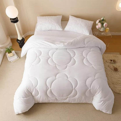 Cottonight White Sunflower Comforter Set - King Size 3 Piece Bedding Set - Soft Breathable Solid White Floral Bedding Set - Women Girls Boho Farmhouse Chic Blanket Quilts