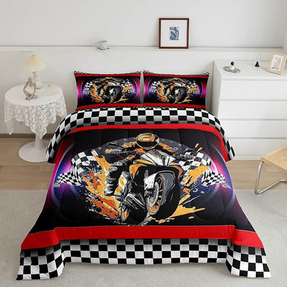 Feelyou Dirt Bike Comforter Set Queen Size Flag Comforter Racing Motocross Rider Bedding Set Extreme Sports Duvet Set Room Decor Black Purple Quilt Set