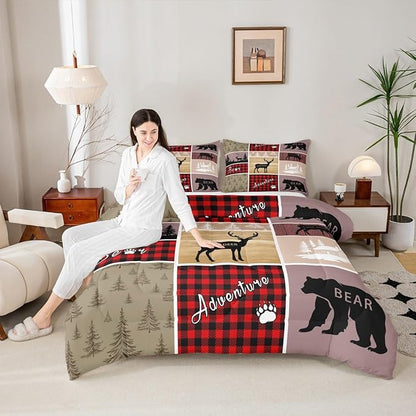 Rustic Farmhouse Bedding Set Queen,Vintage Cabin Lodge Comforter Set For Kids Girls Teens Bedroom Decor,Woodland Bear Deer Quilt Western Cowboy Grid Claw Bedding Comforter Sets Cabin Gifts For Women