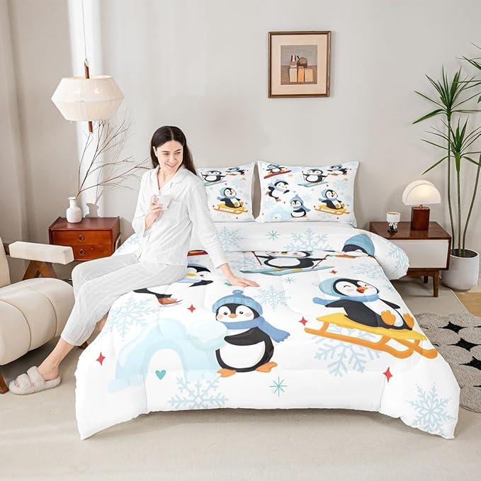 Merry Christmas Theme 3 Pcs King Size Comforter Set,Winter Snowflake New Year Down Alternative Adults Bedroom Decor,Cute Cartoon Skiing Penguin Ultra Soft Microfiber Inner Fill 3 Pcs Bedding