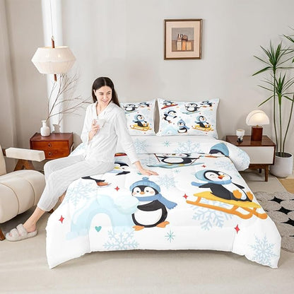 Merry Christmas Theme 3 Pcs King Size Comforter Set,Winter Snowflake New Year Down Alternative Adults Bedroom Decor,Cute Cartoon Skiing Penguin Ultra Soft Microfiber Inner Fill 3 Pcs Bedding