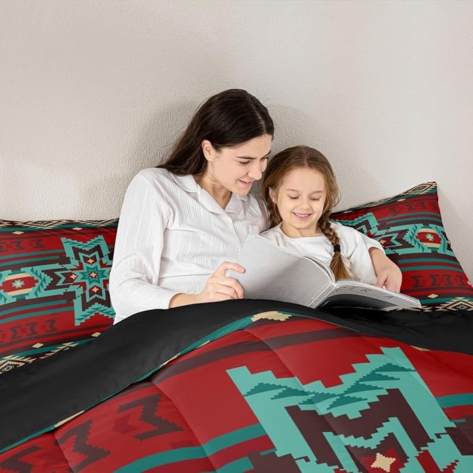Western Comforter Set Full Size,Southwest Tribal Bedding Set Retro Aztec Pattern Quilted Duvet 3pcs for Kids Girls Boys Women Room Decor,Brown Red and Cyan Stripes Duvet Insert,2 Pillowcases