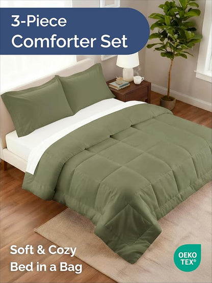 Full Comforter Set - 3 Piece Bed Set for All Seasons - 1 Soft Quilted Comforter with Corner Tabs & 2 Pillow Shams - Comfy & Breathable - Premium Down Duvet Insert - Oeko-TEX - Full Size, Sage Green
