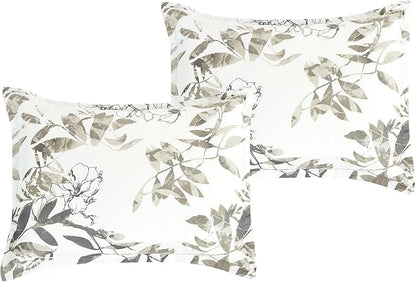 Chezmoi Collection Julia 3-Piece Floral Comforter Set, King - Multicolor Taupe-Green Gray White Floral Leaves Printed Microfiber Lightweight Bedding Set for All Season