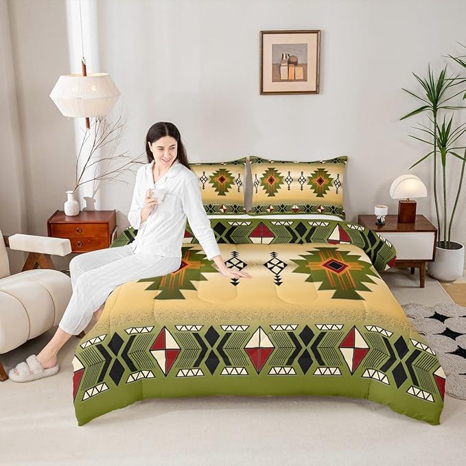 Erosebridal Boys Western Aztec Comforter Set Queen Size, Native Tribal Ethnic Bedding Set Farmhouse Boho Geometric Quilt Southwestern Ethnic American Native Duvet Insert for Adult Men,Yellow Green