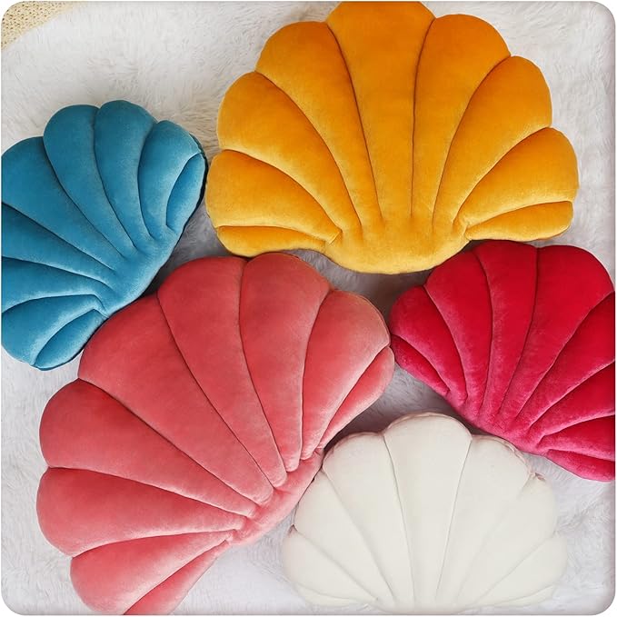 Yi-gog Seashell Pillow Sea Shaped Decorative Princess Throw Pillow 3D Velvet Soft Ocean Cute Throw Pillows for Bed Couch Chair Sofa Room 13.4 X 9.8 inch