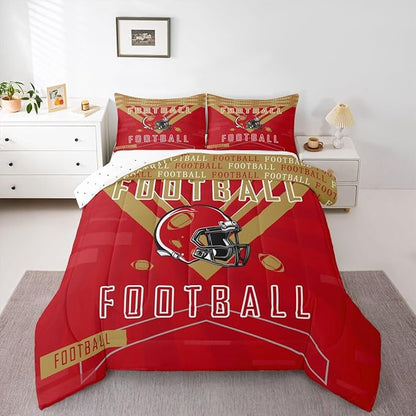 Feelyou Football Bedding Set Boys Girls Queen Size Comforter Set Sports Themed Women Men Football City Duvet Quilt Rugby Sports Red Brown Room Decor