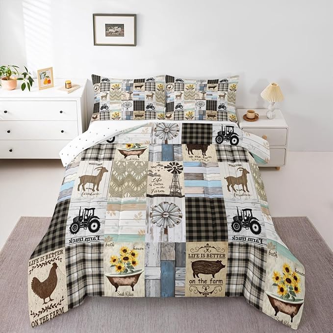 Patchwork Western Rustic Full Bedding Set Farmhouse Black White Buffalo Plaid Bedding Comforter Sets Retro Country Farm Animal Quilt Set For Kids Boys Girls,Windmill Pig Chicken Cow Comforter 3 Pcs