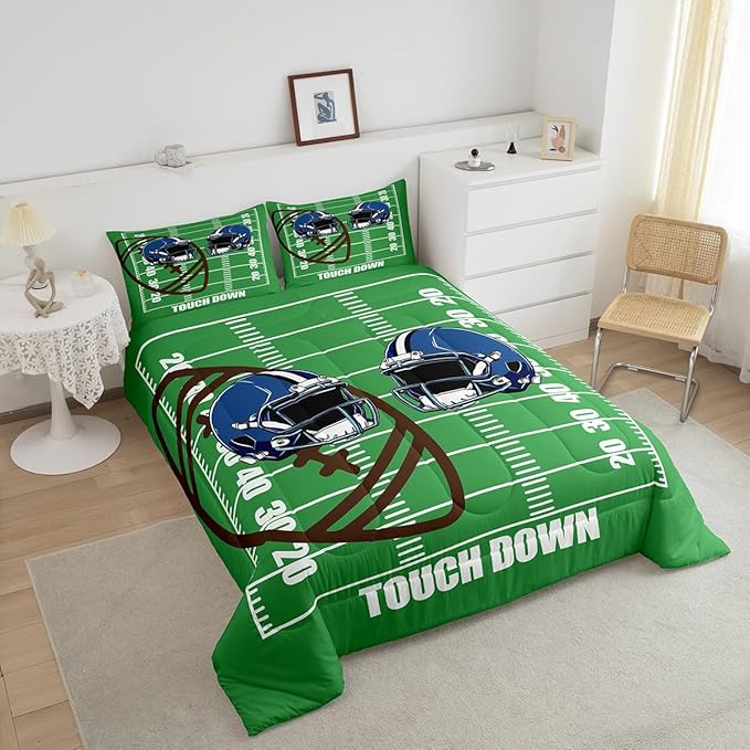 Feelyou Rugby Comforter Set Full Size Football Comforter for Boys Girls Teens Soccer Ball Game Bedding Set Gift for Football Lover Duvet Set Room Decor Green Quilt Set