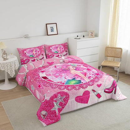 Mermaid Princess Kids Comforter Set King Size,High-Heeled Shoes Lip Bowknot Romantic Bedding Set,Girls Women Room Decor,Glitter Sequin Castle Down Comforter,Pink Dreamy Duvet Insert,2 Pillowcases