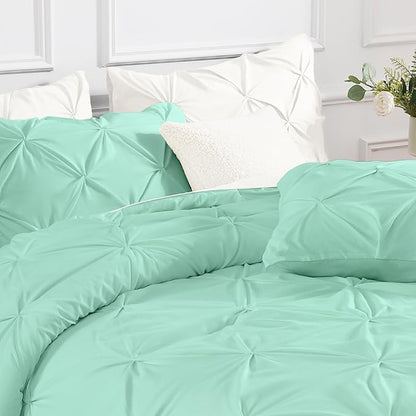 Andency Mint Green Queen Comforter Set, 3 Piece All Season Decorative Pintuck Bedding Comforter & Sets, Mint Green Soft Microfiber Lightweight Washable Bed Set for Queen Size Bed