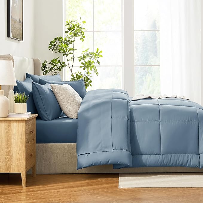 CozyLux King Size Comforter Set Mineral Blue, 7 Pieces Bed in a Bag, Blue Comforter King Size, All Season Bedding Sets with Stitch Quilted Comforter, Flat Sheet, Fitted Sheet, Pillowcases