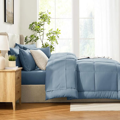 CozyLux Queen Comforter Set Mineral Blue, 7 Pieces Bed in a Bag, Blue Comforter Queen Size, All Season Bedding Sets with Stitch Quilted Comforter, Flat Sheet, Fitted Sheet, Pillowcases