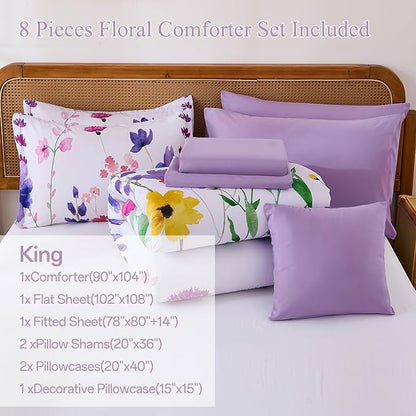 Annibedding Purple King Size Comforter Set, 8 Pieces Soft Microfiber Floral Bed in a Bag Comforter Bed Set with Pillowcase and Sheets for All Season(90"x104")