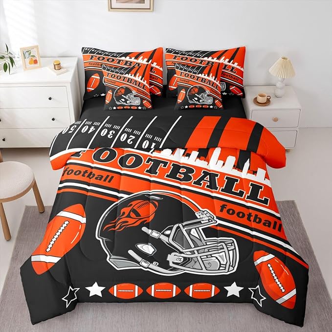 Feelyou Football 7 Pieces Comforter Sets King Size Kids Rugby Sports Bedding Set for All Season Football City Bed in a Bag with Comforter, Sheets, Pillowcases & Cushion Cover
