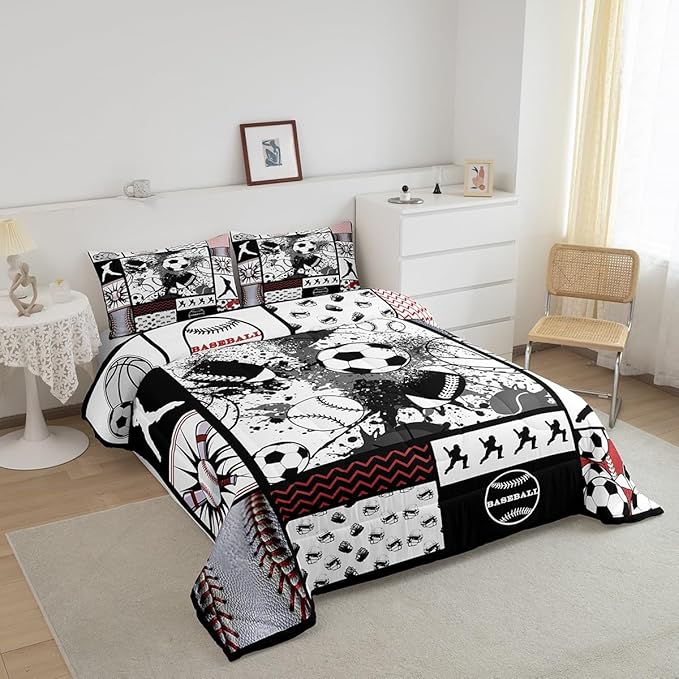 Feelyou Football Comforter Set Full Size Basketball Comforter for Boys Girls Teens Rugby Sports Bedding Set Baseball Duvet Set Room Decor Balck White Grey Mixed Ball Quilt Set