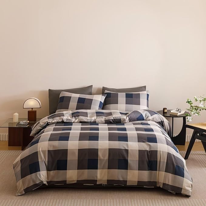 Houseri Blue Plaid Comforter Set California King Vintage Grid Bedding Sets