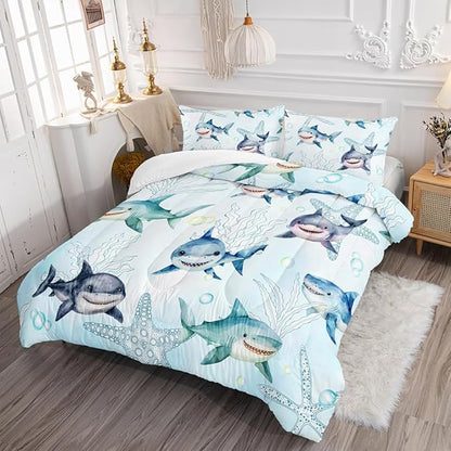 Boys Blue Ocean Shark Comforter Set Queen Size Shark Starfish Bedding Sets Seaweed Quilt Bed Set for Kid Girls with 1 Comforter and 2 Pillowcases