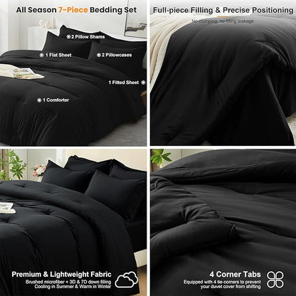 Oversized Queen Comforter Set 7 Pieces - Ultra-Soft Bed in a Bag, Cozy Luxury All Season Bedding Sets with Comforter, Flat Sheet, Fitted Sheet, 2 Pillow Shams & 2 Pillowcases, Black