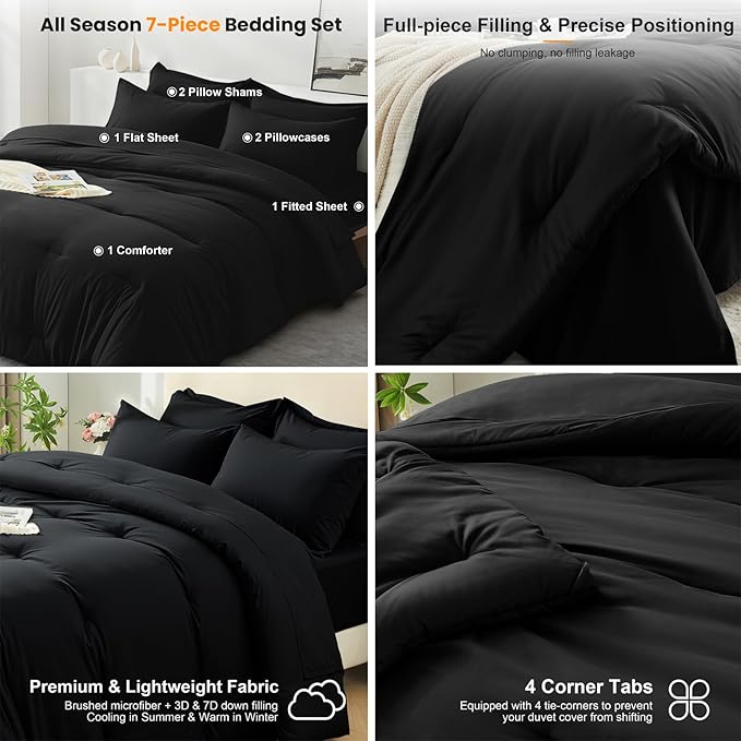 Full Comforter Set 7 Pieces - Ultra-Soft Bed in a Bag Full Size, Cozy Luxury All Season Bedding Sets with Comforter, Flat Sheet, Fitted Sheet, 2 Pillow Shams & 2 Pillowcases, Black