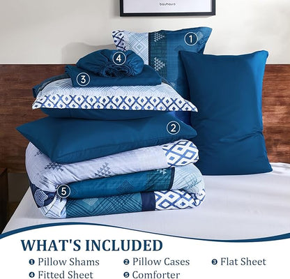 Xruibed Blue King Comforter Set 7 Pieces, Blue Boho Striped Bed in a Bag King Size Soft Microfiber All Season Bedding Set with Comforter, Sheets, Pillowcases & Shams(104"×90")