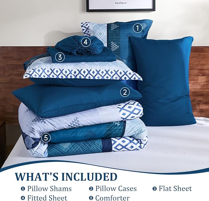 Xruibed Blue Queen Comforter Set 7 Pieces, Blue Boho Striped Bed in a Bag Queen Size Soft Microfiber All Season Bedding Set with Comforter, Sheets, Pillowcases & Shams(90"×90")