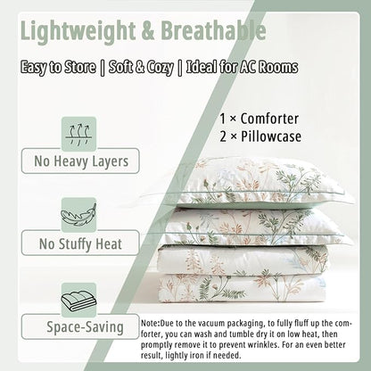 Natural Cotton 3pcs Botanical Comforter Sets King Size-Green Comforter with Luxurious Tan & Gray Leaves on White, Reversible Lightweight Floral Bedding Sets(King 104"×90")