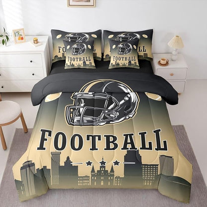 Erosebridal Football King Bed in A Bag for Boys Girls,American Rugby Sports Games Bedding Set 7 Pcs Football City Comforter Set with Sheets Black Beige Ombre Bed Set for Kids Teen Adults