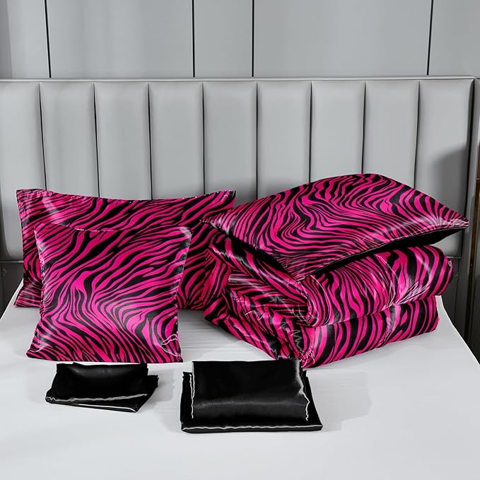 Zebra Print Bedding Set Hot Pink Satin Comforter with Sheets Zebra Stripe Animal Print Africa Wildlife Theme Silk Like Silky Bed in A Bag Black Pink Comforter Sets