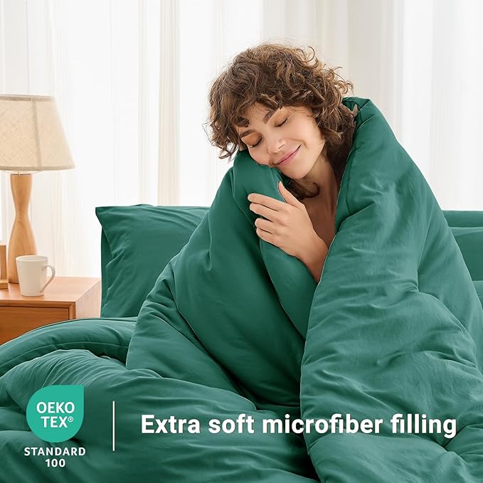 MUXHOMO 5 Pieces Twin Comforter Set, Soft Bed in a Bag Twin Size, All Season Bedding Set with Comforter, Flat Sheet, Fitted Sheet, Pillowcases & Shams, Emerald Green