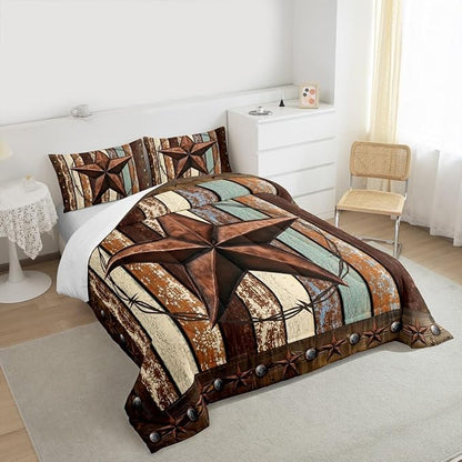 Western Texas Star Kids Comforter Set Full Size,Vintage Wooden Plank Bedding Set,Girls Boys Adults Bedroom Decor,Rustic Farmhouse West Cowboy Down Comforter,Brown Retro Duvet Insert,2 Pillowcases