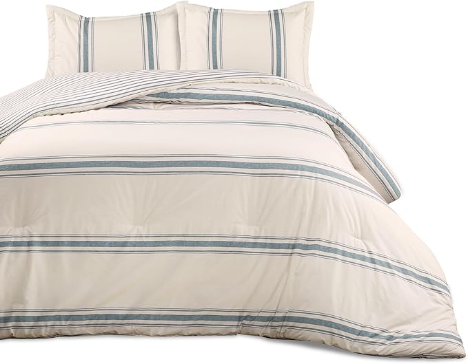 Lush Decor Farmhouse King Size Comforter Set, Reversible Cotton, 3 Piece Set, California King, Blue - Cozy Bedding - Rustic Decor - Modern Farmhouse Bedroom Decor