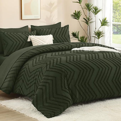Litanika Oversized King Size Comforter Set with Sheets Olive Green - 7 Pieces Bed in a Bag Oversized King Boho Tufted Complete Bedding Sets with Comforter, Sheets, Pillowcases & Shams